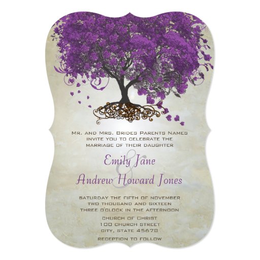 Romantic Purple Heart Leaf Tree Wedding 5x7 Paper Invitation Card