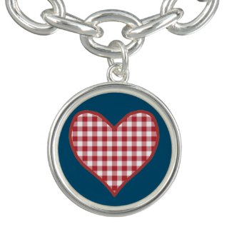 Romantic Red Check Gingham Heart Charm Bracelet