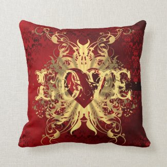 Romantic red damask and valentines heart throw pillows