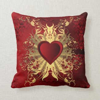 Romantic red damask and valentines heart pillow