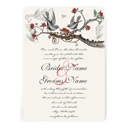 Romantic Rustic Red Vintage Birds Wedding Invite