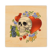 skull, skulls, skeleton, goth, gothic, roses, hearts, flowers, death, al rio, illustration, [[missing key: type_mitercraft_woodencoaste]] with custom graphic design