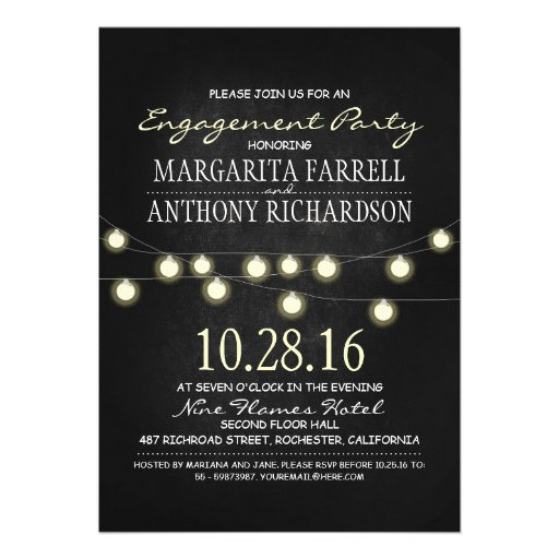 Romantic string lights chalkboard engagement party invitation (front side)