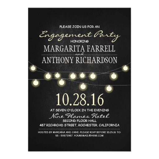 Romantic string lights chalkboard engagement party invitation