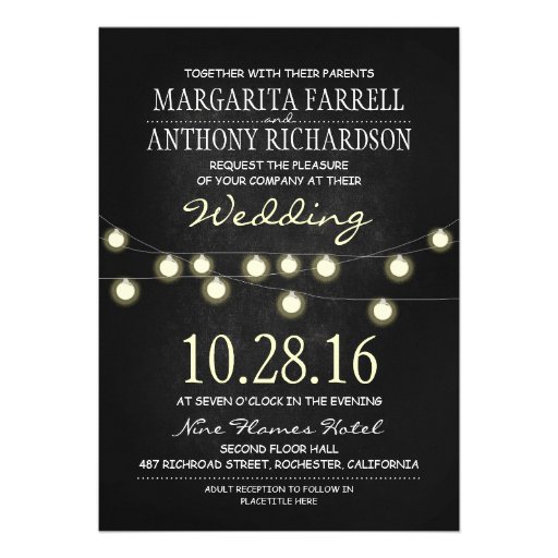 Romantic string lights chalkboard wedding invites (front side)