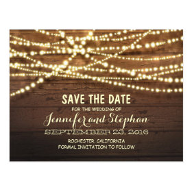 Romantic string lights rustic wood save the date postcard