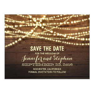 Romantic string lights rustic wood save the date postcard
