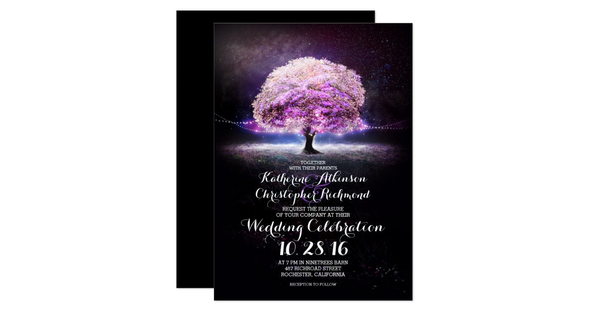 romantic string lights tree purple wedding invites Zazzle