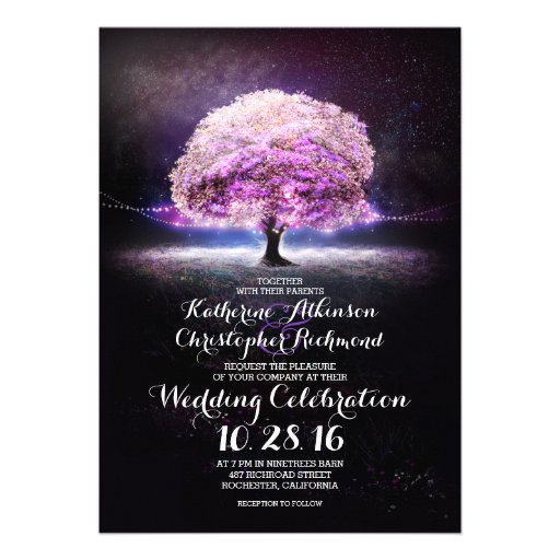 romantic string lights tree purple wedding invites