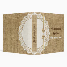 Romantic white doily with lace and burlap recipe binder