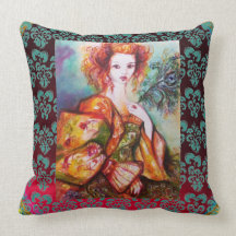 ROMANTIC WOMAN,SPARKLING PEACOCK FEATHER Red Green Throw Pillows