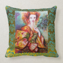 ROMANTIC WOMAN , SPARKLING PEACOCK FEATHER Yellow Throw Pillow