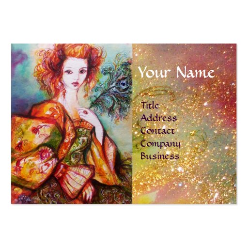 ROMANTIC WOMAN WITH SPARKLING PEACOCK FEATHER BUSINESS CARD (front side)