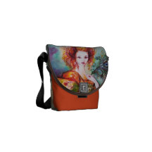 ROMANTIC WOMAN WITH SPARKLING PEACOCK FEATHER COURIER BAG