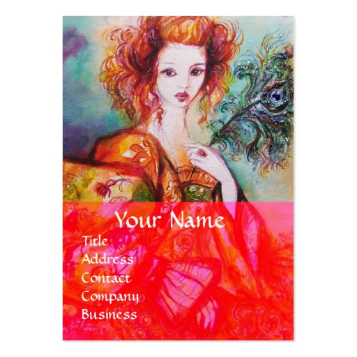 ROMANTIC WOMAN WITH SPARKLING PEACOCK FEATHER Red Business Cards (front side)