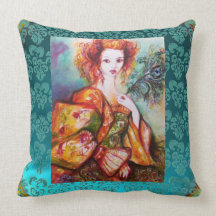 ROMANTIC WOMAN WITH SPARKLING PEACOCK FEATHER Teal Throw Pillows