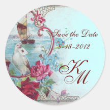ROMANTICA MONOGRAM,Save the Date,blue Round Stickers