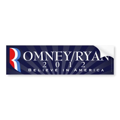 Romney/Ryan 2012, Believe in America, Blue Decal Bumper Sticker