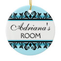 Room door hanger ornament, blue/black damask ornament