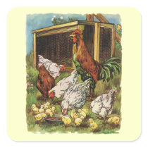 Rooster and Hens with Baby Chickens on the Farm Stickers
