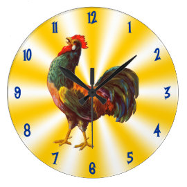 Rooster Vintage Art on Yellow White Kitchen Clock