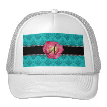 Rosa del damasco de la turquesa del monograma subi gorro de camionero