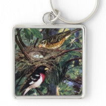 Rose-Breasted Grosbeaks and Their Nest of Eggs Keychain