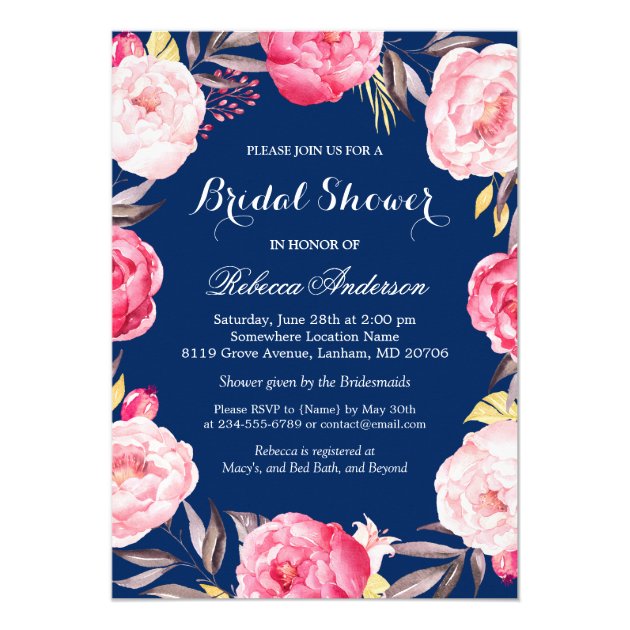 Rose Floral Wreath Navy Blue Bridal Shower Card