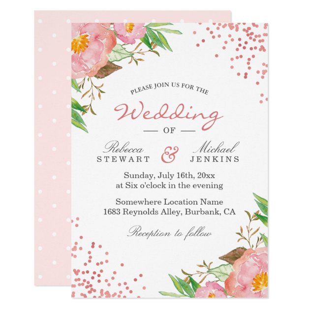 Rose Gold Dots Botanical Floral Wedding Invitation