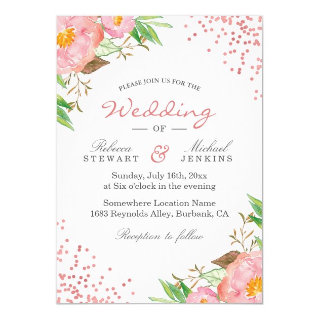 Rose Gold Dots Botanical Floral Wedding Invitation