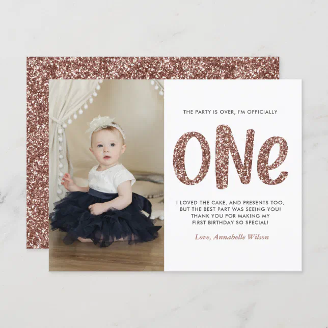 Rose Gold Faux Glitter 1st Birthday Thank You Post Postcard Zazzle