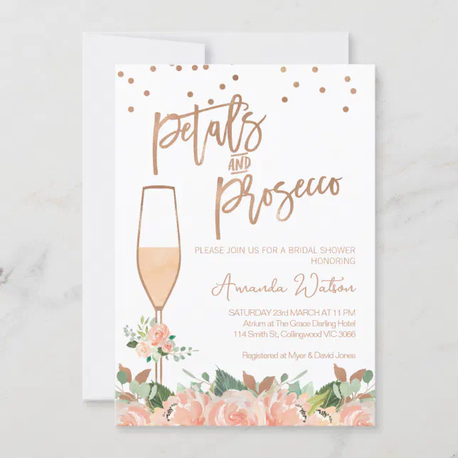 Rose Gold Floral Petals Prosecco Bridal Shower Invitation Zazzle