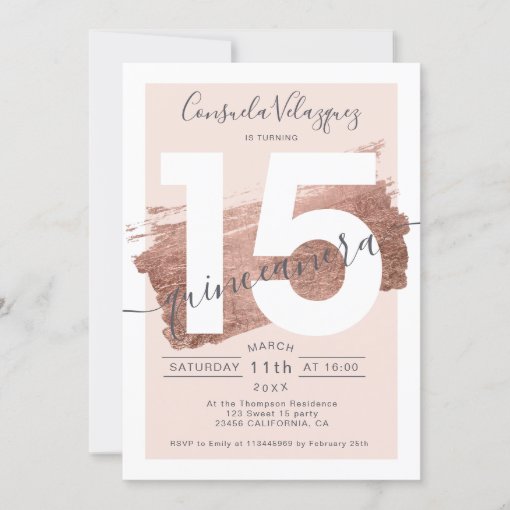 Rose Gold Foil Brushstroke Blush Quinceanera Photo Invitation Zazzle