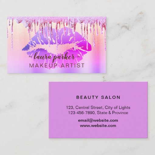 Rose Gold Glitter Drip Lips Makeup Artist Salon Business Card Zazzle