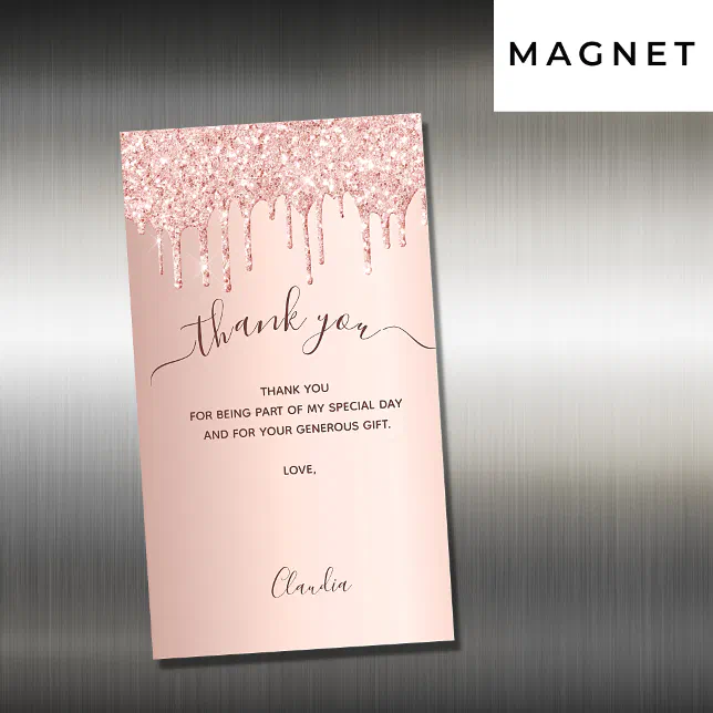 Rose Gold Glitter Drips Thank You Card Magnet Zazzle