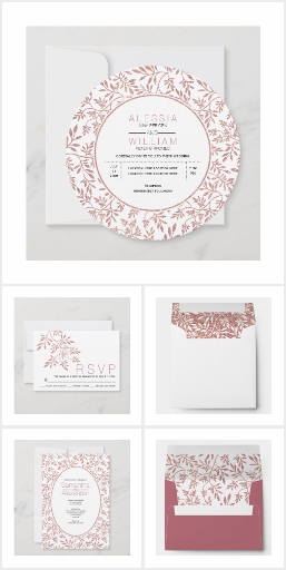 Rose gold glitter leaves pattern wedding invites