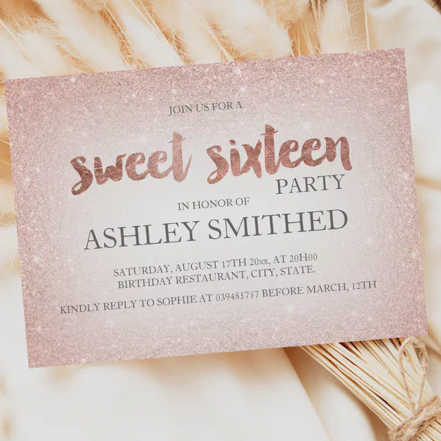 Rose Gold Glitter Ombre Chic Modern Sweet 16 Invitation Zazzle