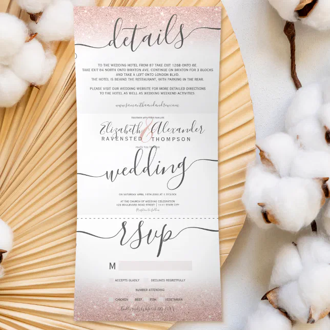 Rose Gold Glitter Ombre White Script Chic Wedding Tri Fold Invitation