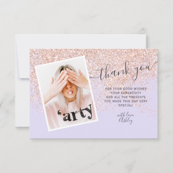 Rose Gold Glitter Purple Photo Thank You Sweet Zazzle