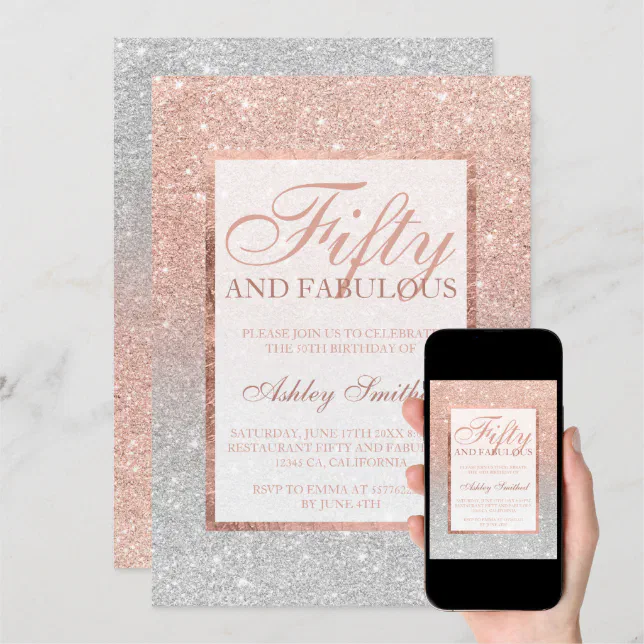 Rose Gold Glitter Silver Chic Fifty Fabulous Invitation Zazzle