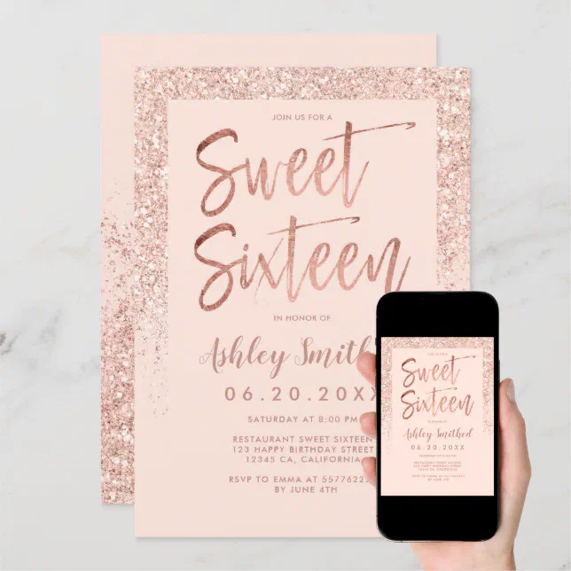 Rose Gold Glitter Sparkle Blush Pink Sweet Sixteen Invitation Zazzle