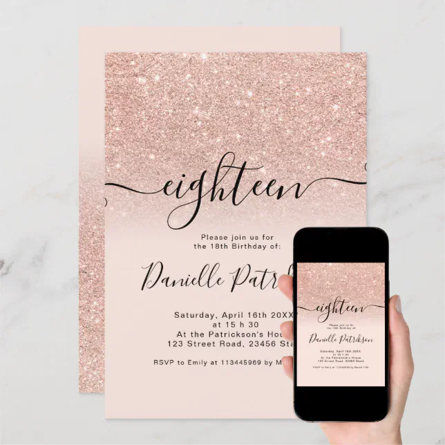 Rose Gold Glitter Sparkles Pink Ombre Eighteen Invitation Zazzle