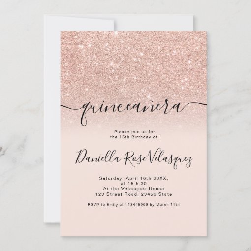 Rose Gold Glitter Sparkles Pink Ombre Quinceanera Invitation Zazzle