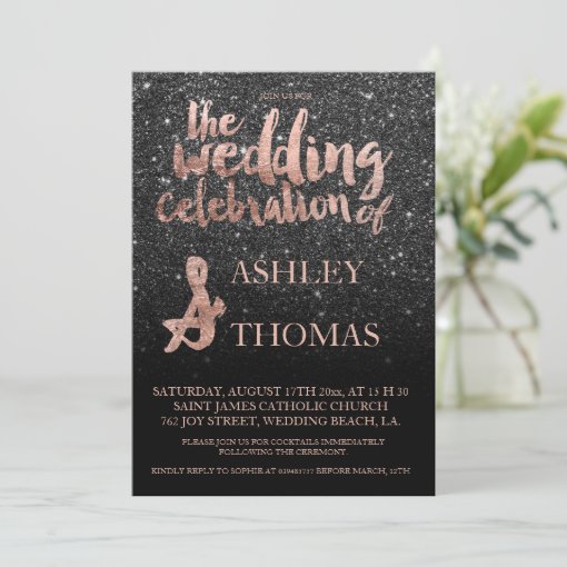 Rose Gold Typography Black Glitter Wedding Invitation Zazzle