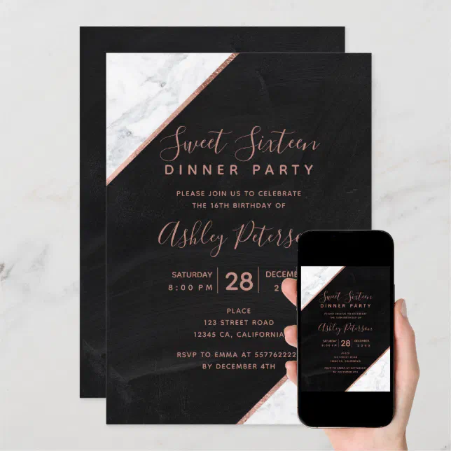 Rose Gold Typography Marble Chalkboard Sweet 16 Invitation Zazzle