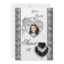 Rose Heart Zebra Print Sweet 16 Photo Invitation
