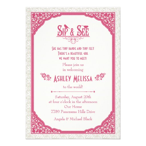 Rose Pink Champagne Lace Sip N See Baby Shower Card