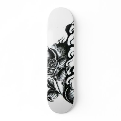 Rosetattoo Skate Board by Foxy Freedom Black and White Tattoo of Rose with