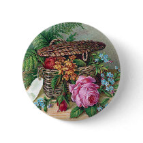 Roses and Ferns in Basket Vintage Victorian Button