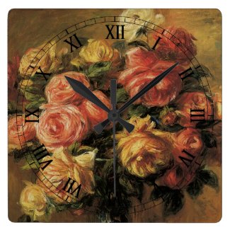 Roses in a Vase 3 by Renoir, Vintage Impressionism Square Wallclocks